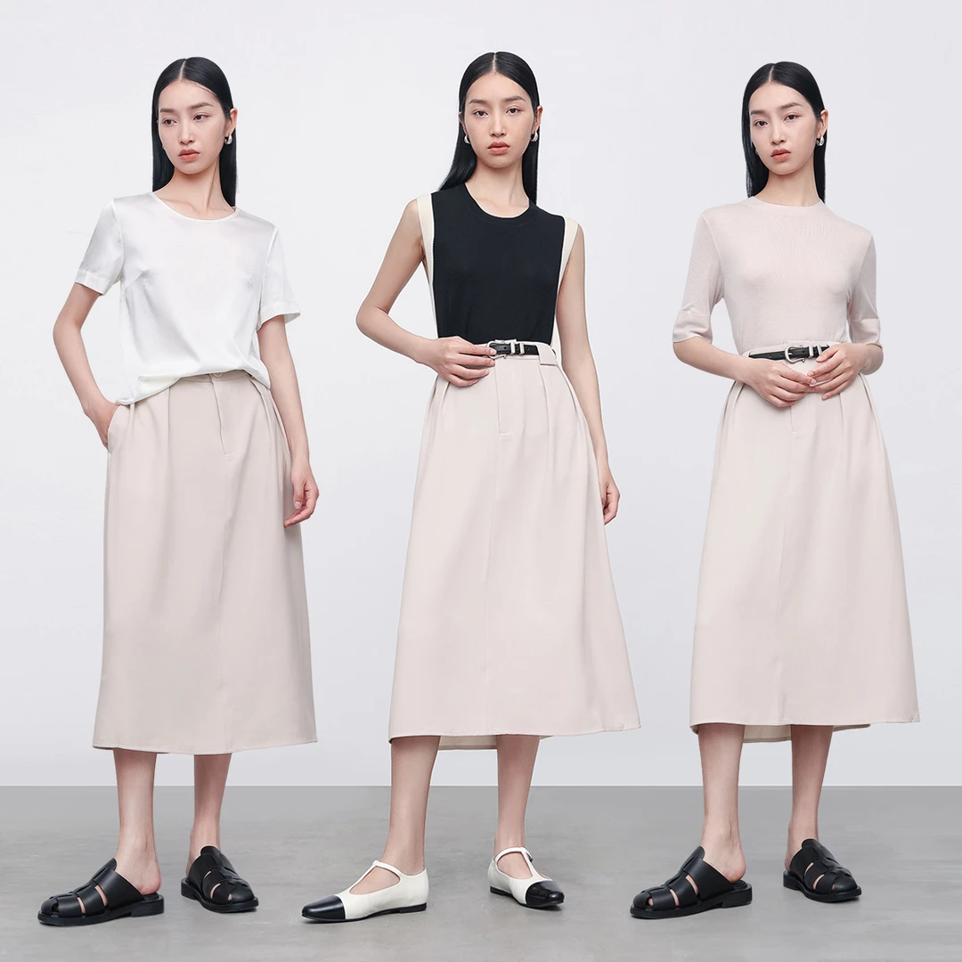 EGX遮腹小腰精收褶百搭复古简约时髦A字直筒学院风半身中长裙女