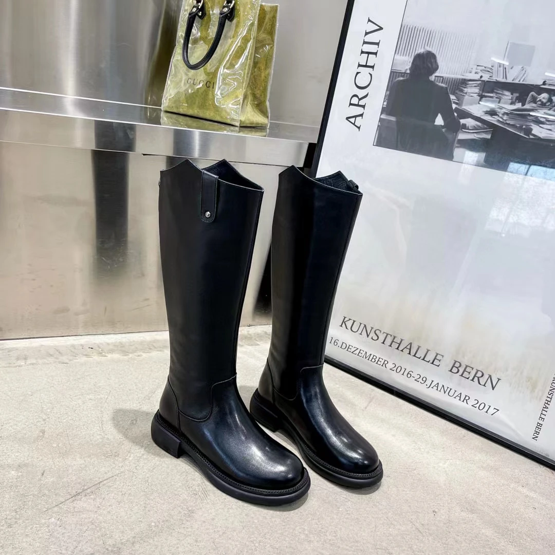 锡林高乐真牛皮秋冬季保暖时尚复古黑色长筒高筒女士靴子女款