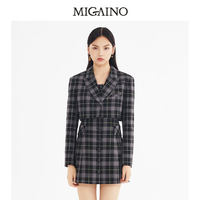 曼娅奴【格子西装套装】女春秋季款小西装外套连衣裙两件套