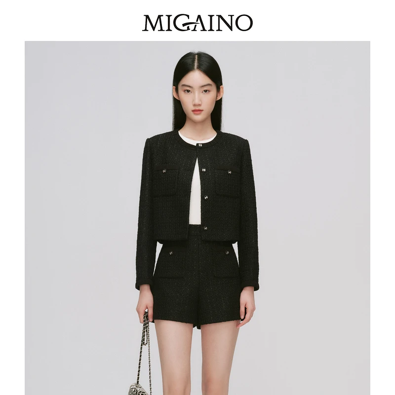 Migaino曼娅奴年秋冬新款圆领设计感轻奢黑色小香风外套