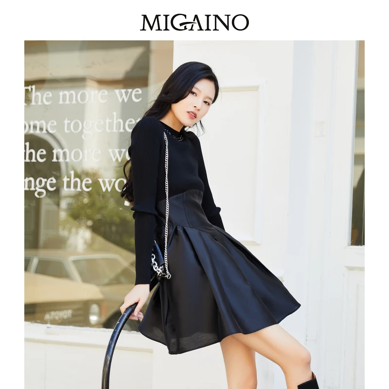Migaino/曼娅奴时尚气质收腰显瘦针织拼接长袖礼服裙高级女连衣裙