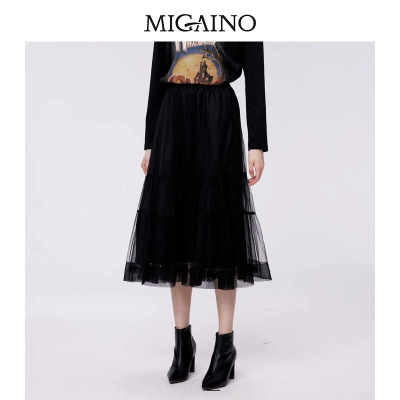 曼娅奴半身裙女年秋冬新款高腰显瘦网纱裙MN42EB037