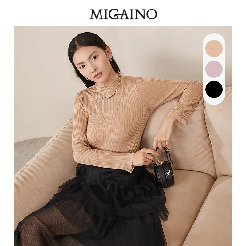 Migaino/曼娅奴新款圆领洋气时尚显瘦百搭复古针织衫