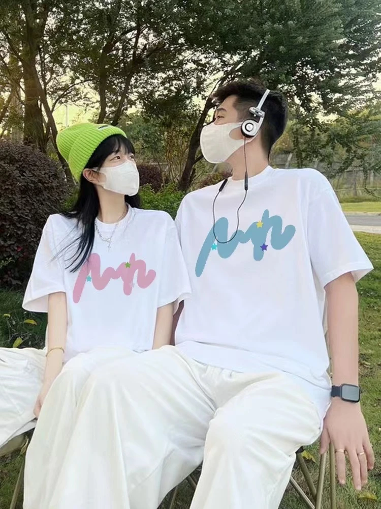 潮流纯棉T恤情侣装夏季宽松印花百搭短袖男女t恤情侣亲子装时尚