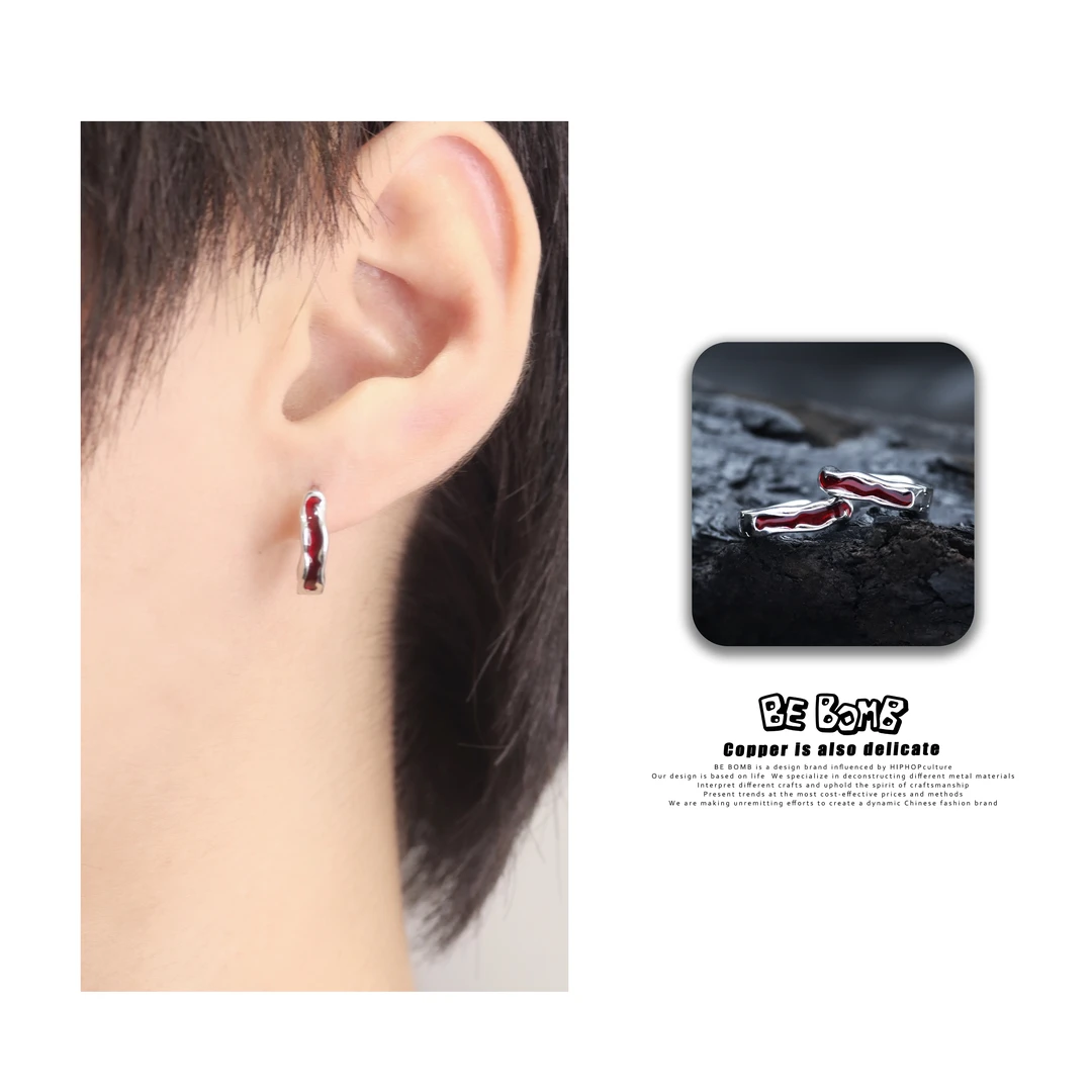 铜合金硅胶耳饰 BE BOMB耳饰 绯红红色耳钉耳扣 男女小众高级耳饰