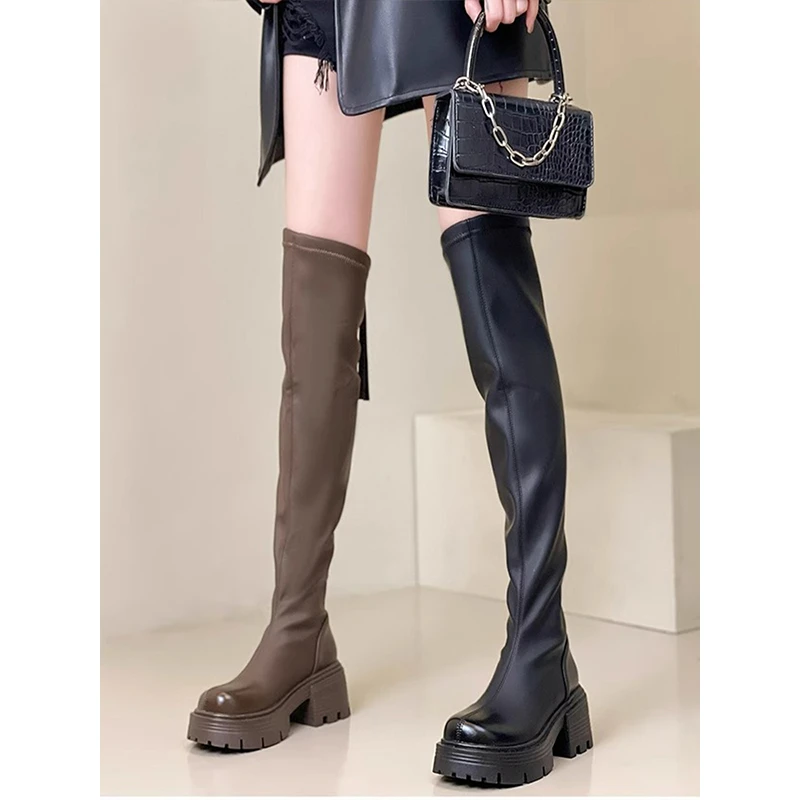 过膝长筒靴女士厚底2024年冬新款复古防滑粗跟韩版显瘦时装靴潮流