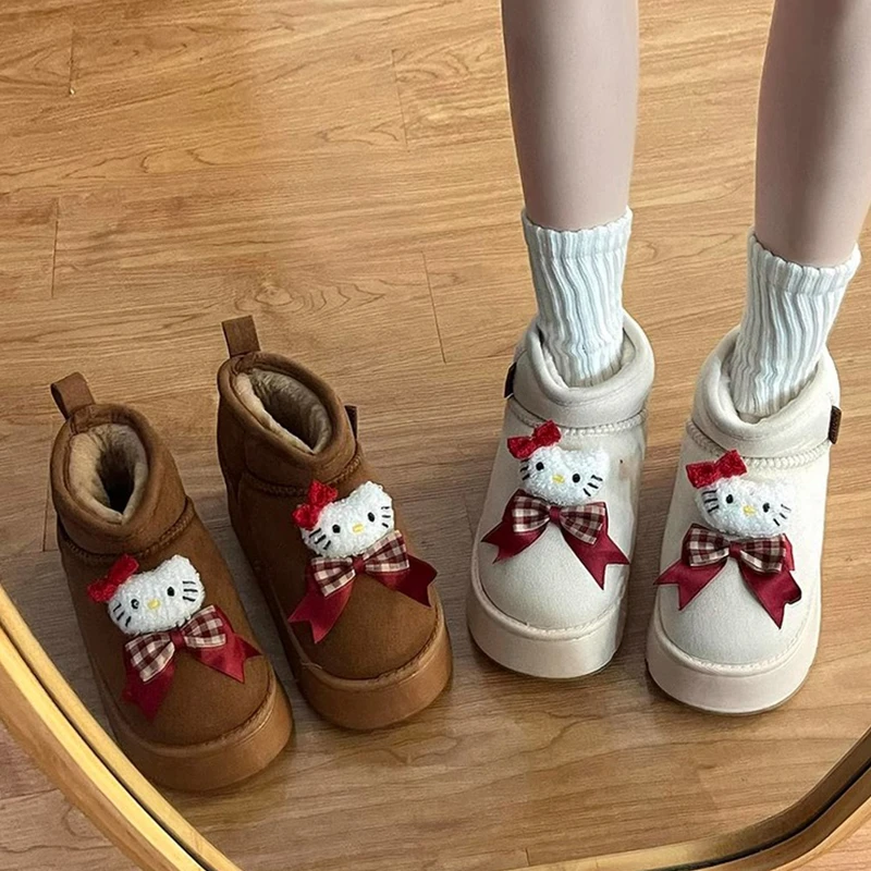 可爱卡通凯帝猫厚底加绒时尚雪地靴女2024新款冬百搭加厚舒适棉鞋