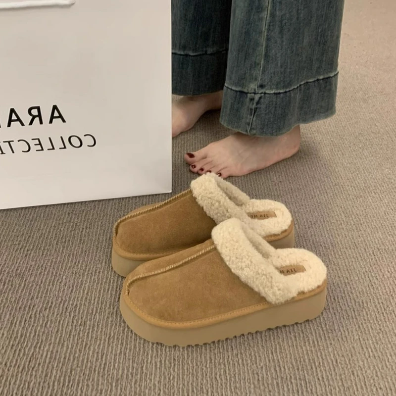 厚底增高雪地靴女2024秋冬新款一脚蹬包头半拖鞋外穿勃肯毛毛棉鞋