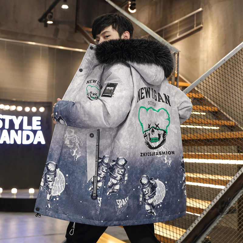 青少年男生中长款加厚男士外套潮流韩版学生加绒冬装连帽帅气棉服