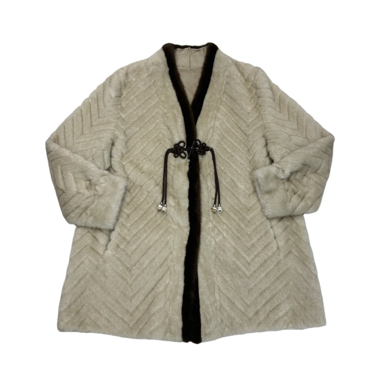 2025秋冬新款妈妈装仿貂毛外套气质拼色流苏国风上衣皮毛一体设计