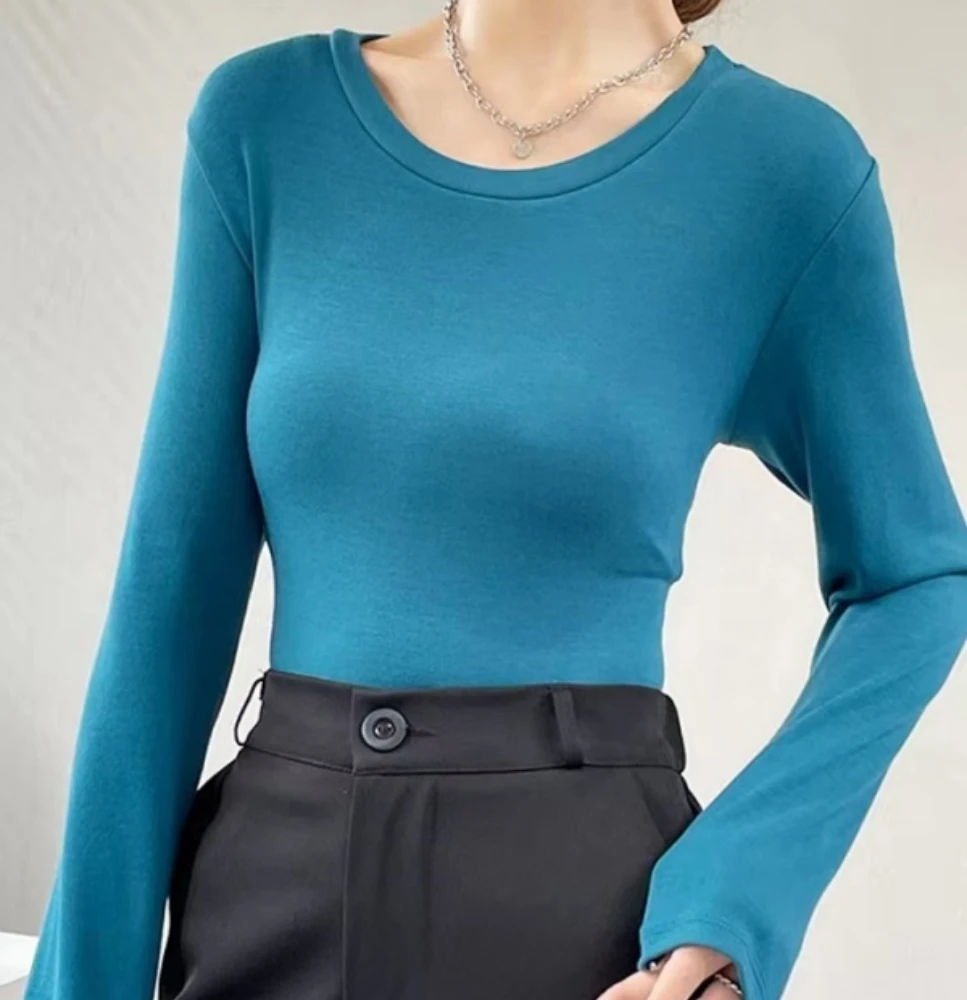 美雅碧圆领修身秋衣长袖针织加绒保暖衣纯色单件长袖内衣内穿百搭