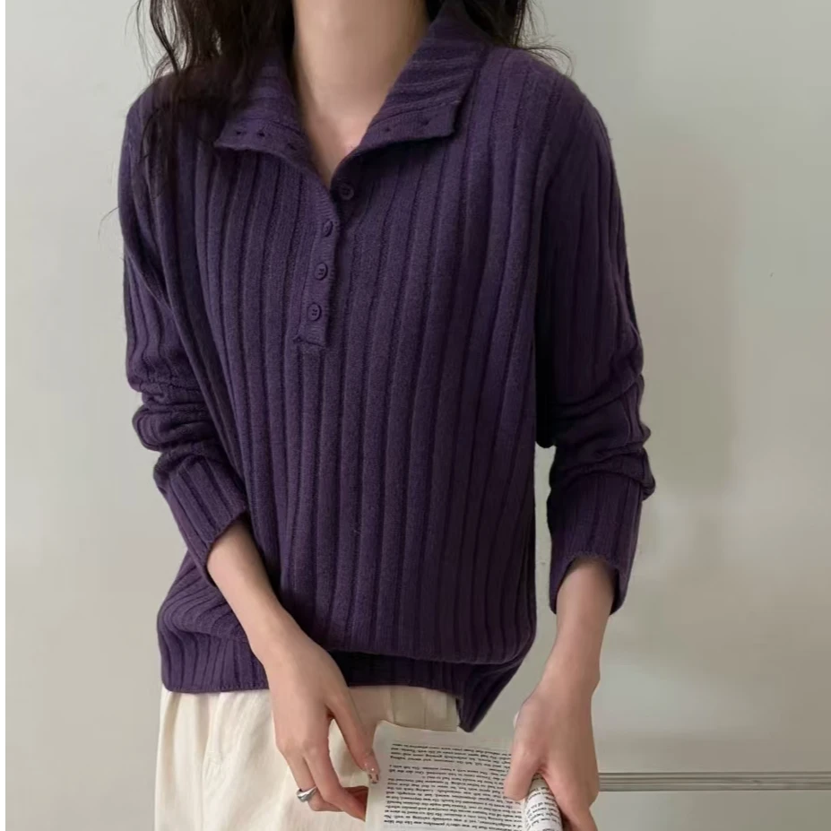 2024秋冬新款针织打底衫宽条提花半开领套头衫纯色气质10%羊毛