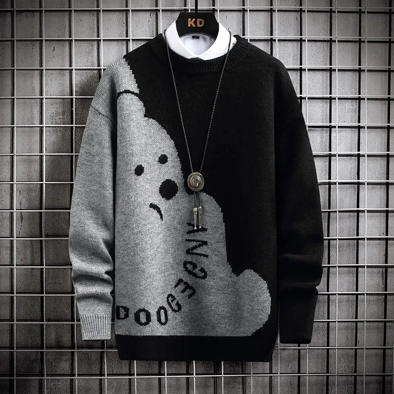 仓石一树潮牌小熊印花毛衣男2025秋冬新款圆领卫衣宽松百搭针织衫