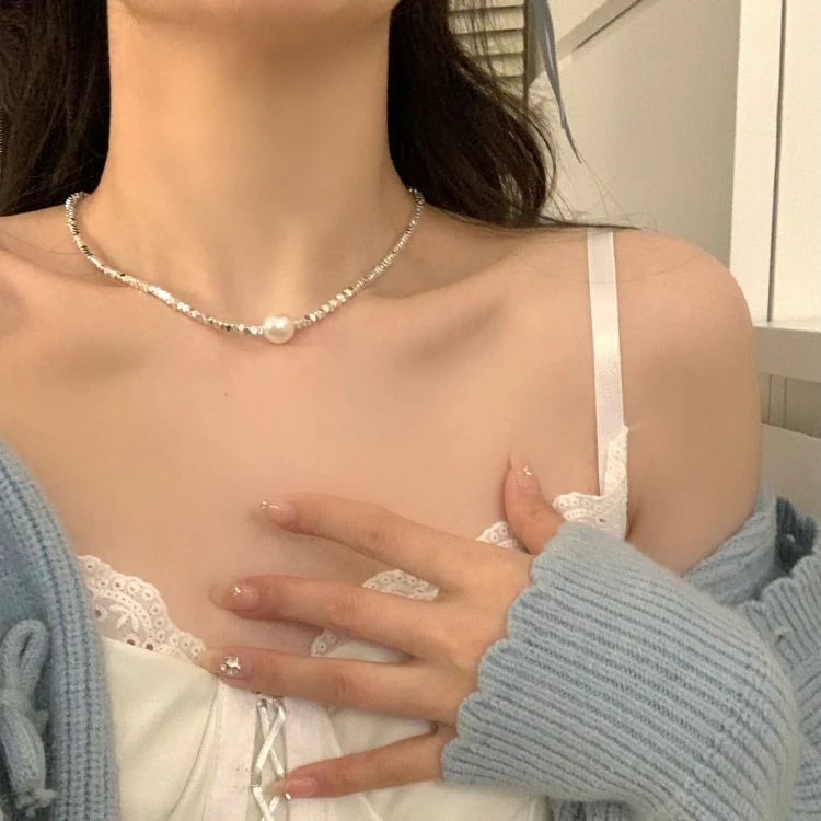 铜合金项链 碎银子拼接项链女仿珍珠吊坠锁骨链简约轻奢小众颈链