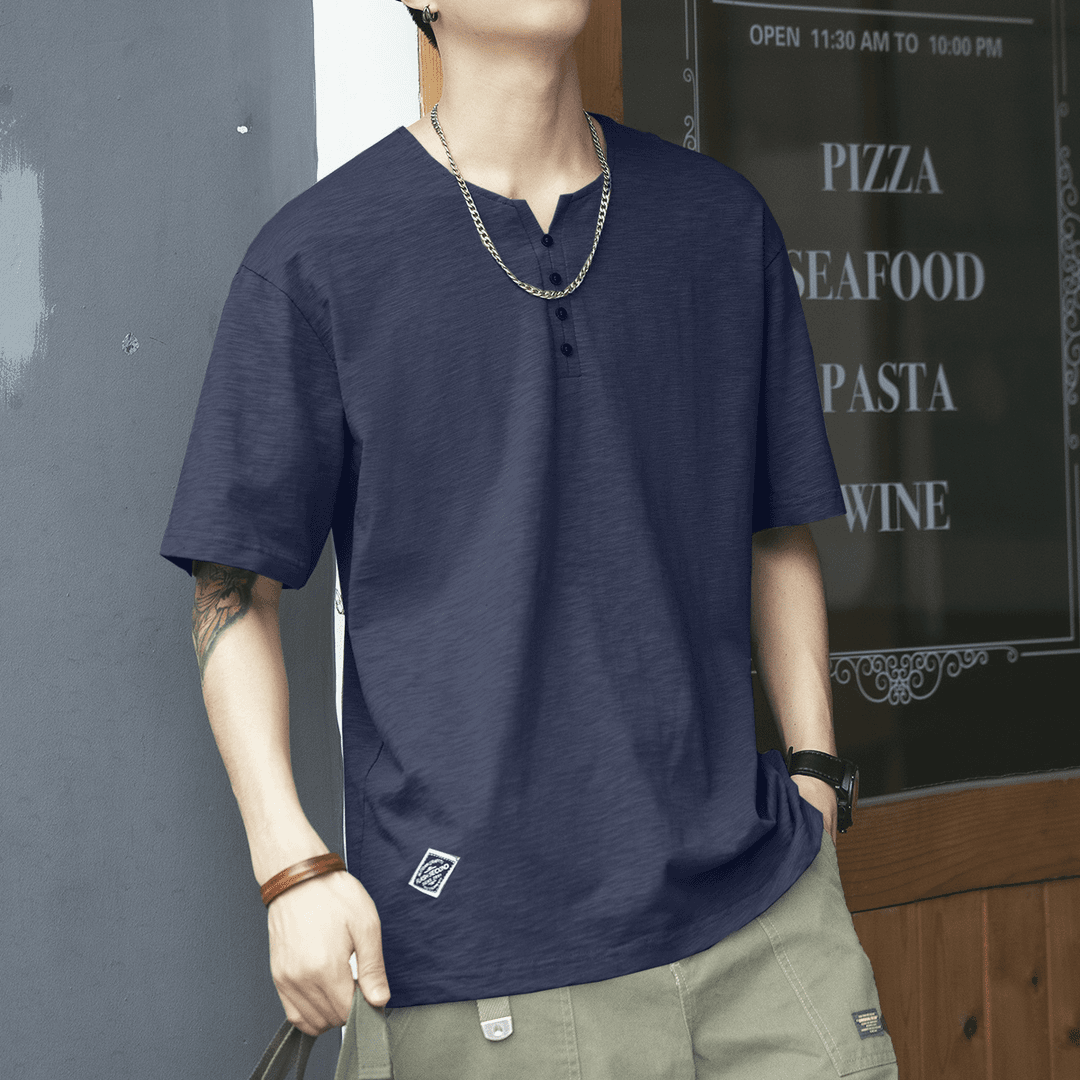 日系复古亨利领竹节棉短袖t恤男夏季薄款宽松大码半袖百搭体恤
