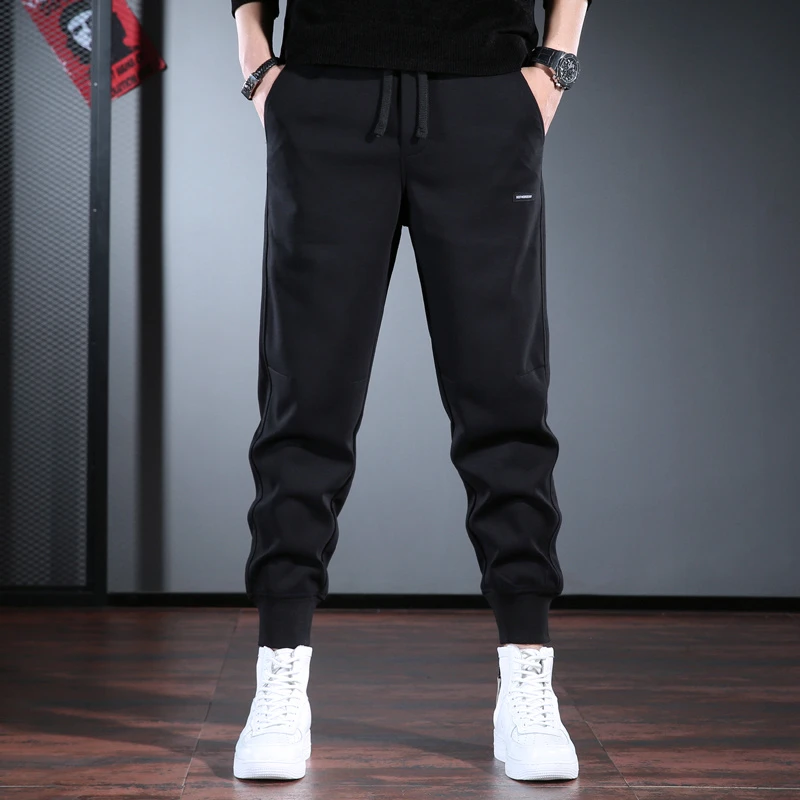 男士休闲裤秋冬款百搭运动束脚裤黑色宽松大码松紧腰加绒针织卫裤