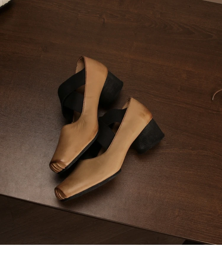 高跟芭蕾少女风豆豆鞋新款女绑带单鞋复古真皮粗跟猪鼻子女鞋方头