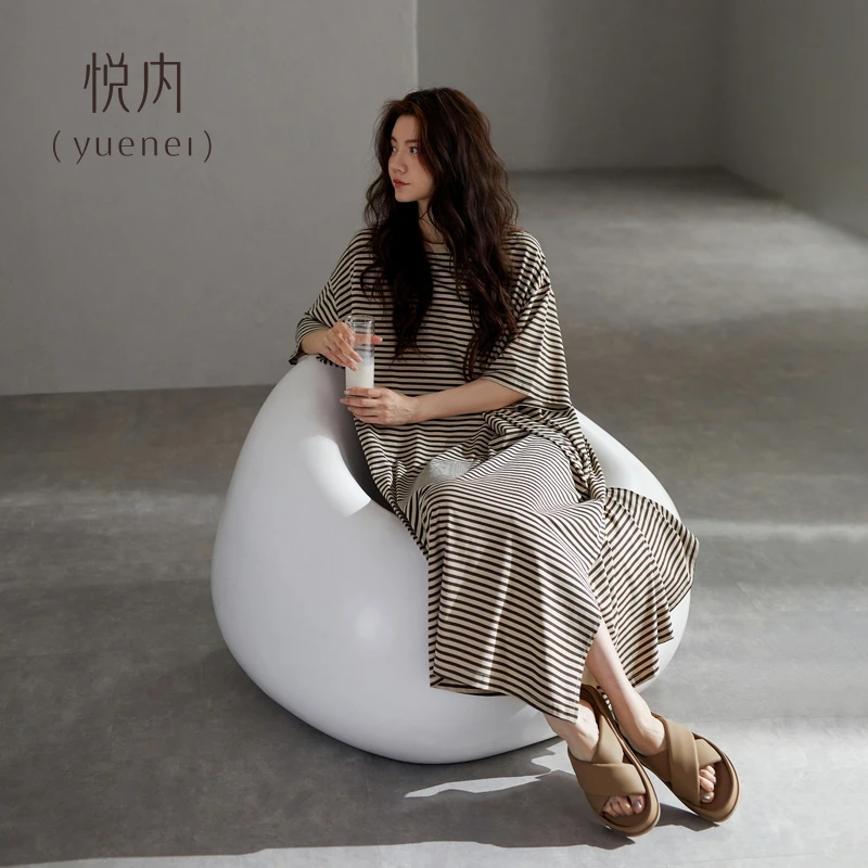 悦内睡裙女款睡衣夏季纯棉短袖长款家居服夏款宽松大码条纹可外穿