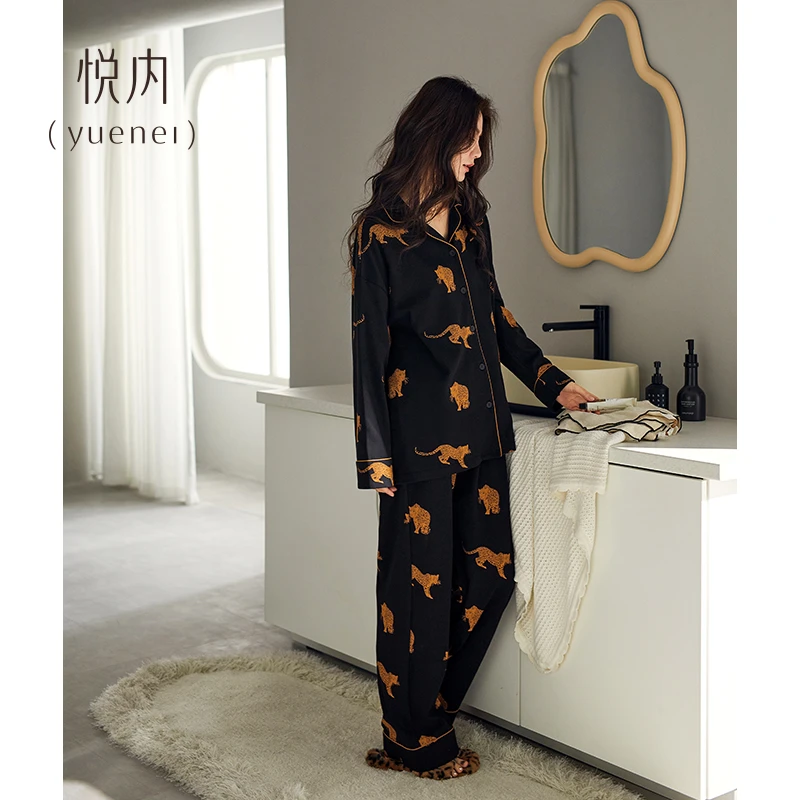 悦内春秋季纯棉长袖女士家居服新疆棉时尚黑色高级感老钱风睡衣