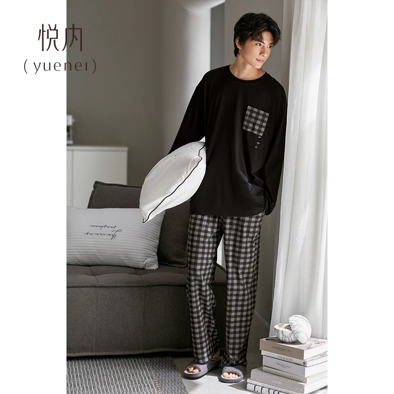 悦内睡衣男士春秋款纯棉长袖家居服男款黑色可外穿圆领套头套装