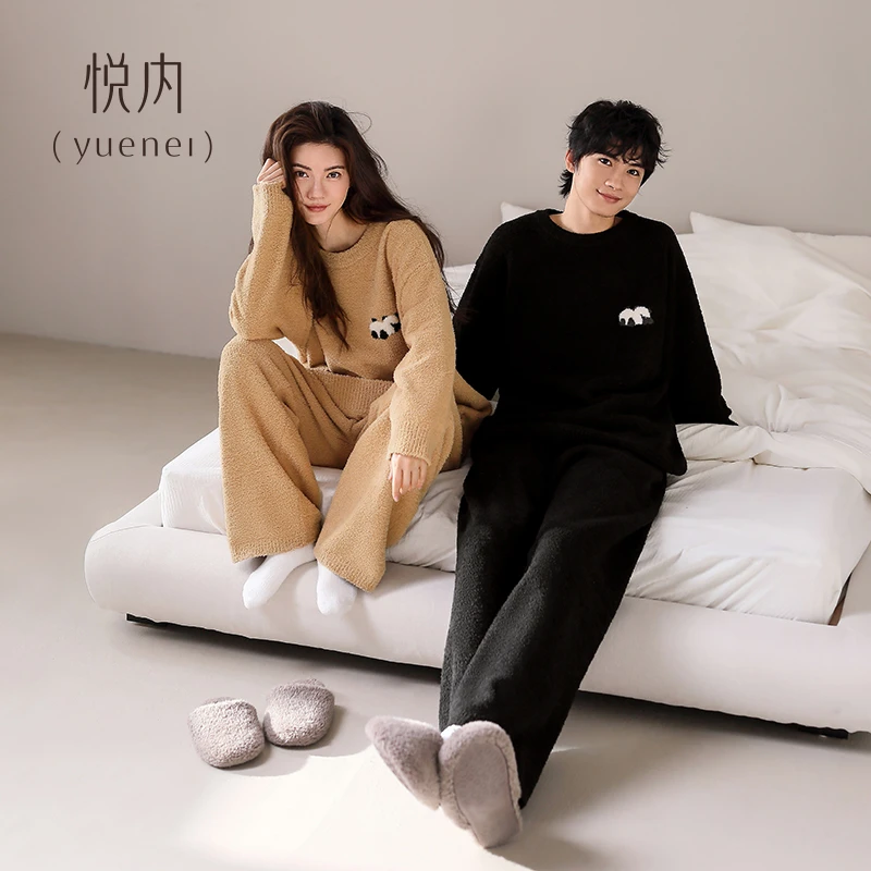 悦内半边绒情侣睡衣女秋冬款冬季珊瑚绒加绒保暖家居服男套头熊猫