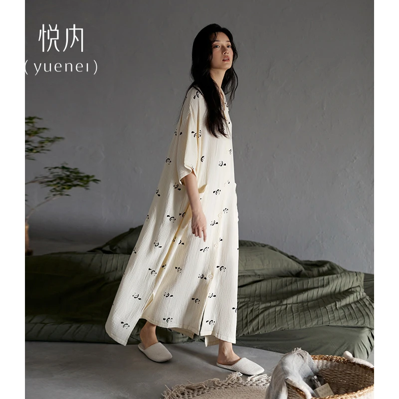 2024新款睡衣睡裙女款夏季夏款纯棉纱布短袖开衫长款全棉大码熊猫
