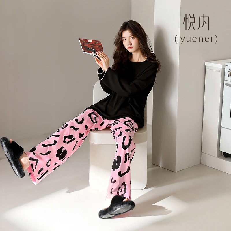 悦内睡衣女春秋款秋季棉质长袖家居服秋天休闲圆领套头可外穿出门