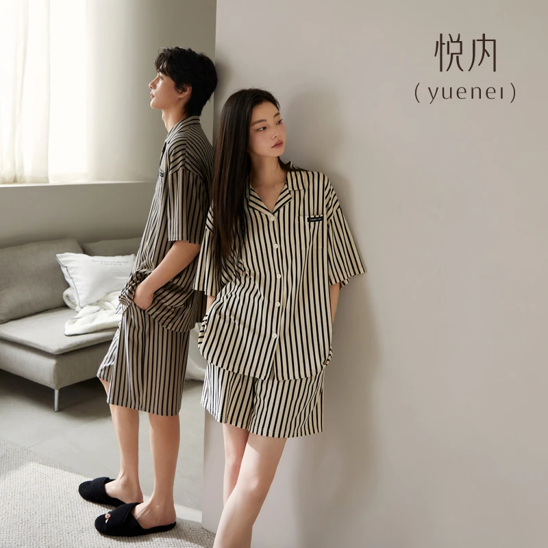 悦内情侣睡衣女款夏季短袖短裤纯棉家居服男款男士休闲可外穿出门