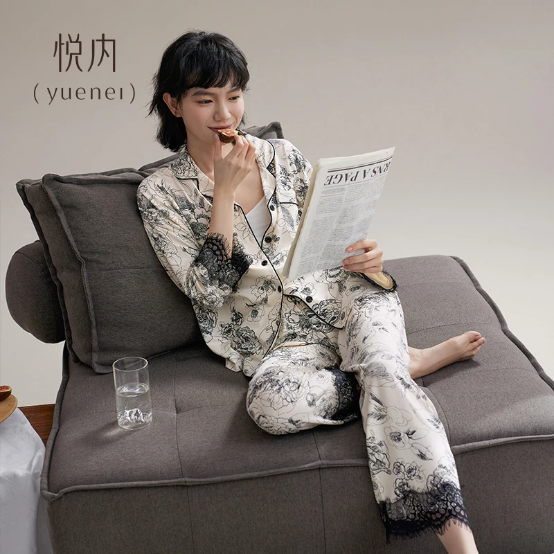 悦内【莫代尔棉】春秋款长袖女士家居服薄款棉高级水墨画大码套装