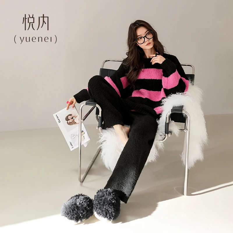 悦内睡衣女款秋冬季冬款半边绒加绒加厚珊瑚绒家居服休闲套头毛绒