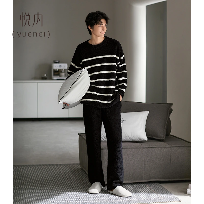 悦内半边绒睡衣男士秋冬款冬季珊瑚绒加厚加绒家居服保暖圆领套头