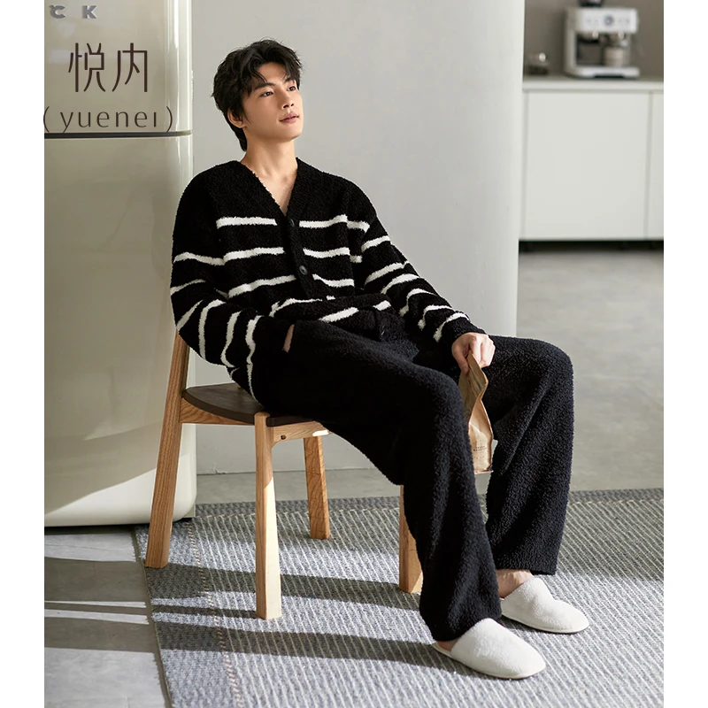 悦内半边绒睡衣男士秋冬款冬季保暖加厚加绒珊瑚绒家居服男款套装