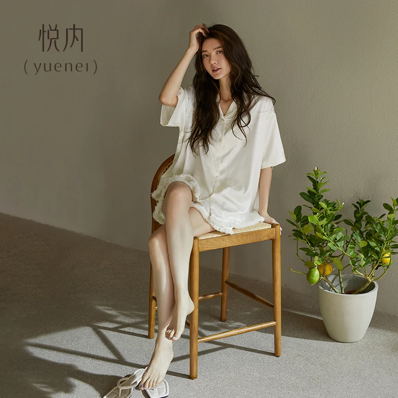 悦内睡衣女款夏季夏款冰丝短袖短裤夏天家居服可外穿出门套装
