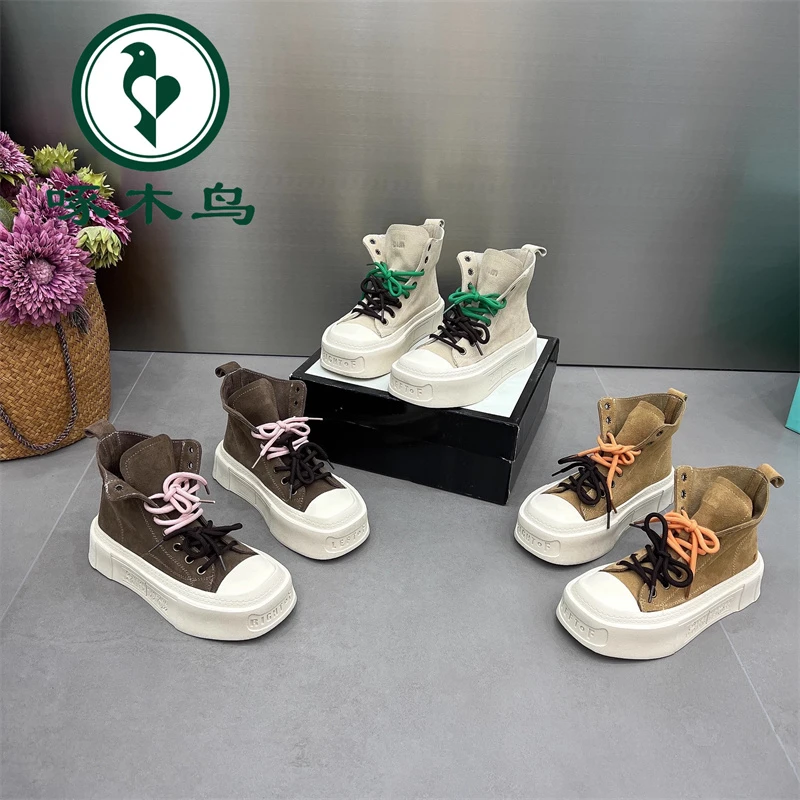 啄木鸟欧洲站高帮休闲短靴女2024秋季新款圆头网红时尚厚底马丁靴