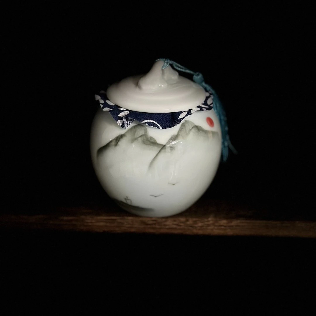 齊御 茶道器具家用百搭手绘山水茶叶罐