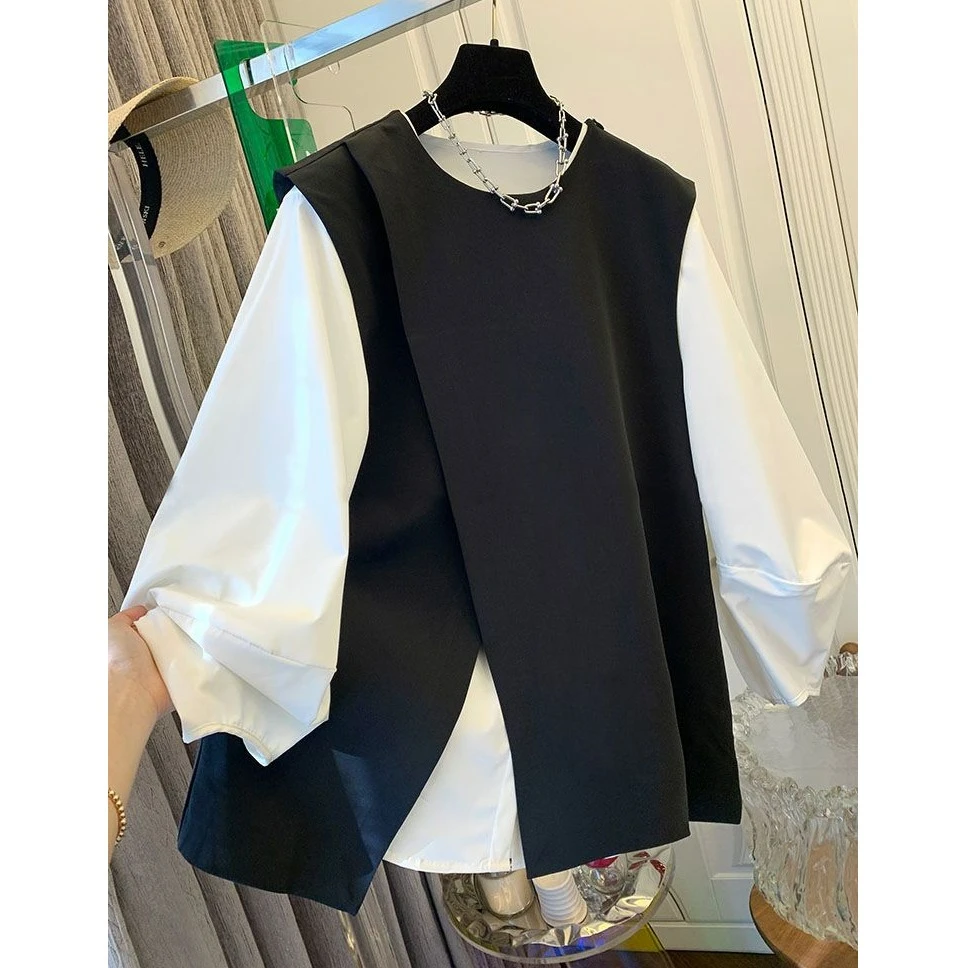 高级感超好看百搭气质黑短袖马甲衬衫上衣女两件套装2024春季新款