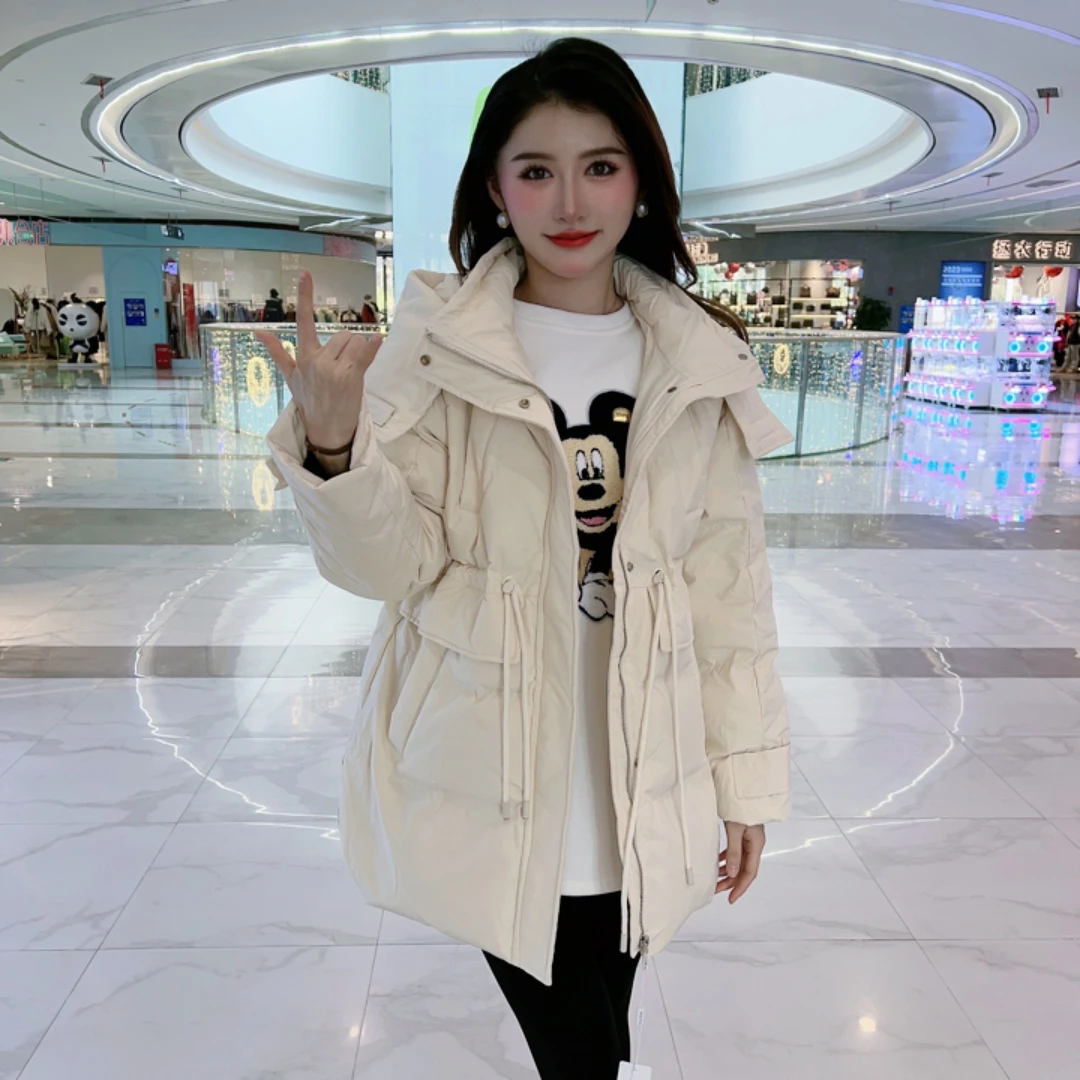 秋冬季新款时尚羽绒服女加厚收腰系带白鸭绒外套连帽中长款8866