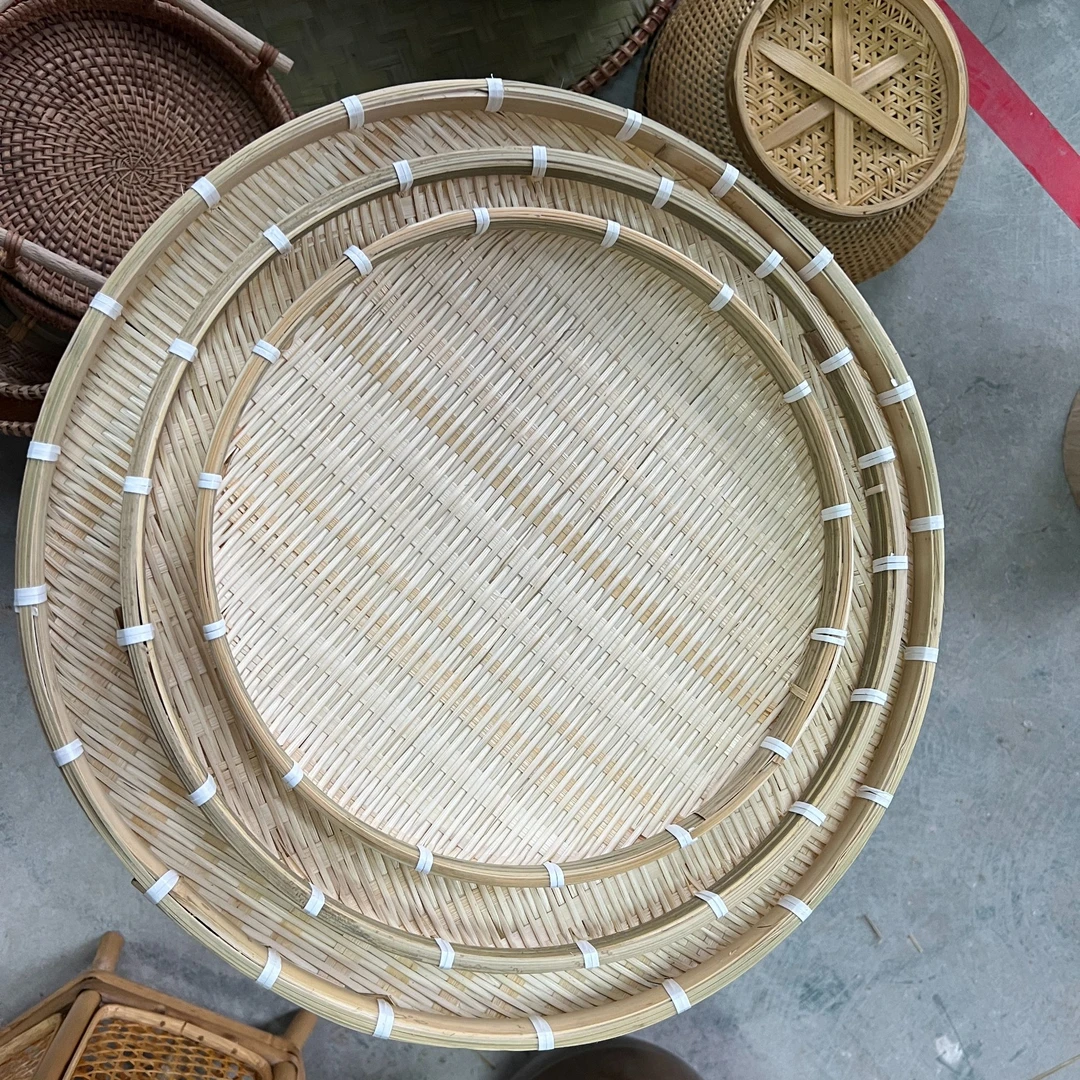 竹编手工晒盘三件套竹编收纳筐圆形家用