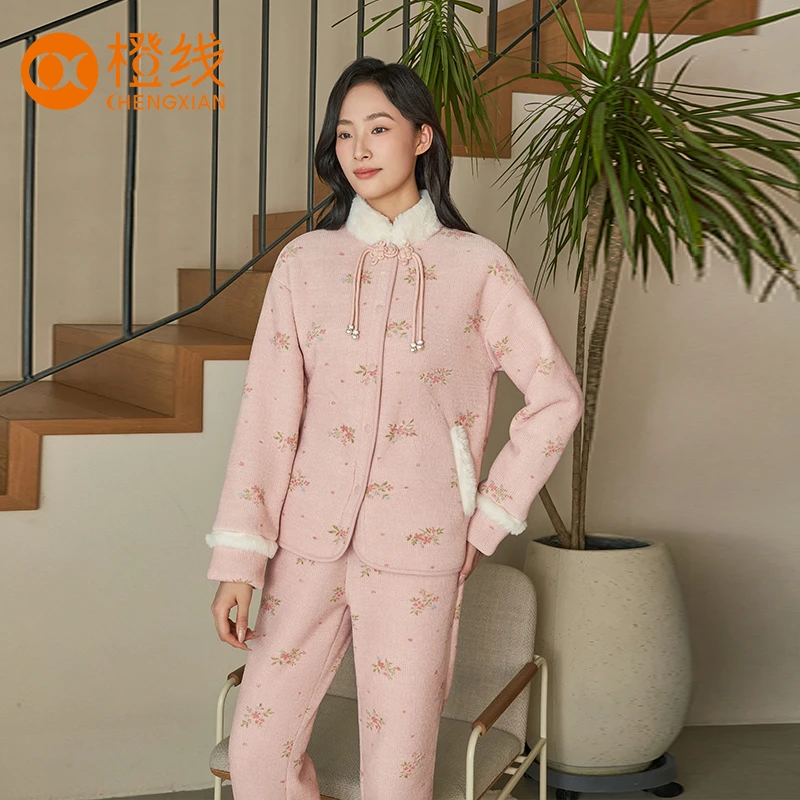 中式盘扣粉梦花影古典风家居服