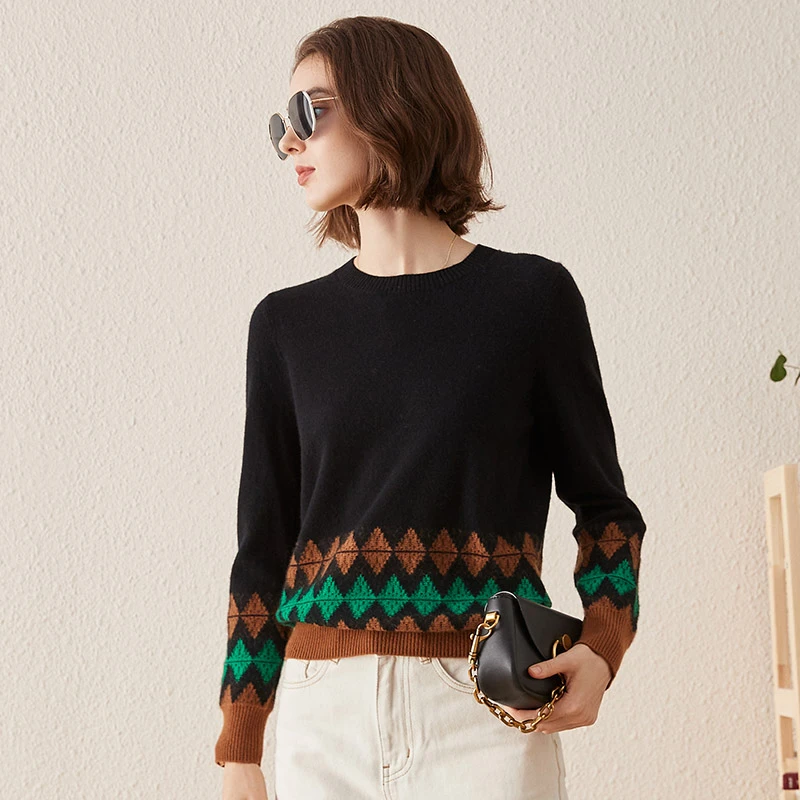 zhaojun/兆君秋冬针织套头撞色打底拼色圆领时尚纯羊绒衫ZSQ3442