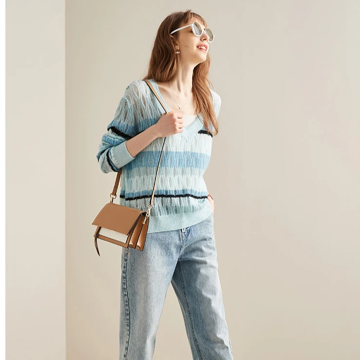 COMOBOCA/科蒙·博卡宽松时尚V领镂空长袖针织撞色羊绒衫女KTP6402