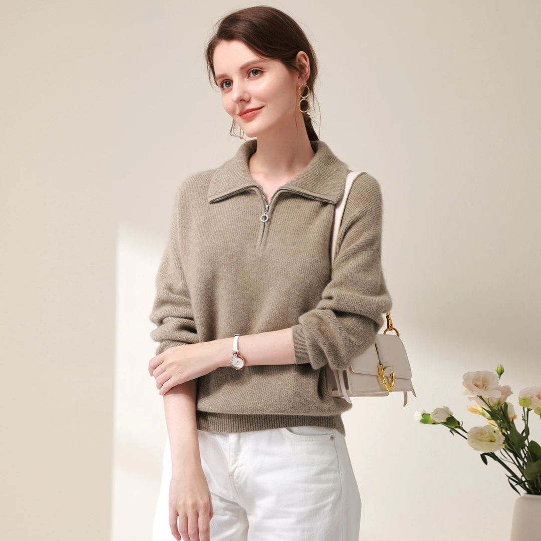 zhaojun/兆君翻领羊绒秋冬女士套头拉链高领针织打底衫ZSQ2616