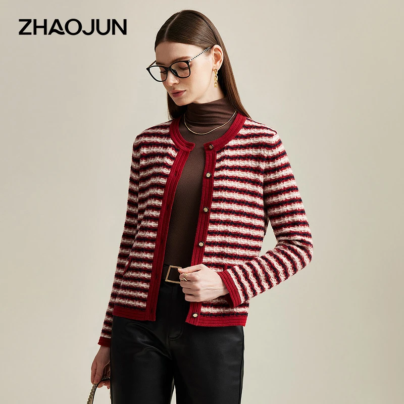 zhaojun/兆君24秋冬新款小香风圆领撞色提花时尚羊绒开衫ZSS3204