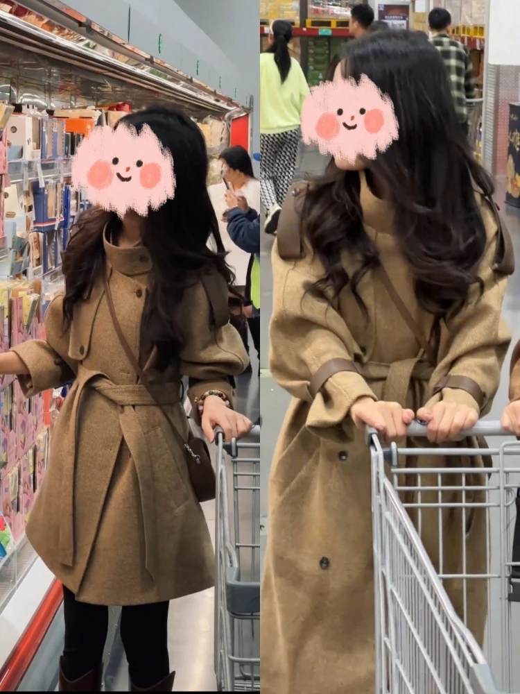 2024秋冬新款复古双排扣韩版设计感系带收腰气质显瘦高级感大衣女