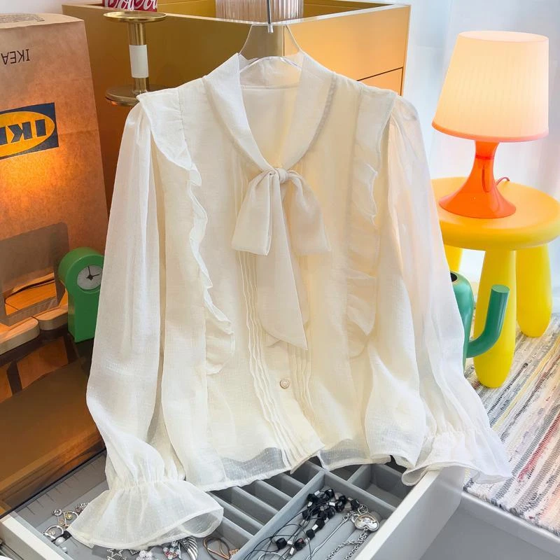 9543新款设计感小众蕾丝雪纺上衣系带蝴蝶结长袖衬衫时尚洋气小衫