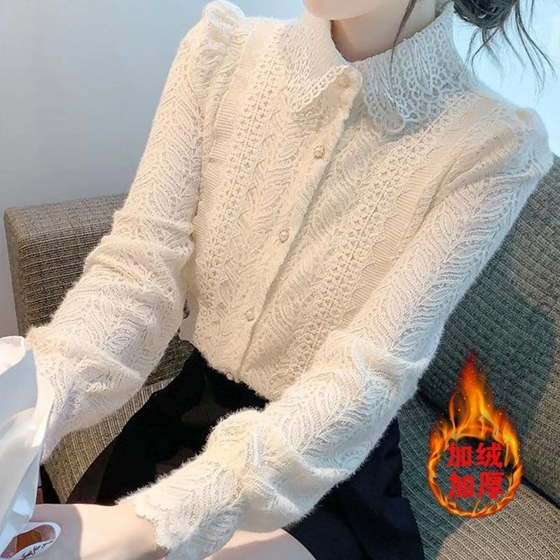 蕾丝衫长袖春秋加绒搭加厚打底气质潮流女装新款温柔上衣内雪纺衫