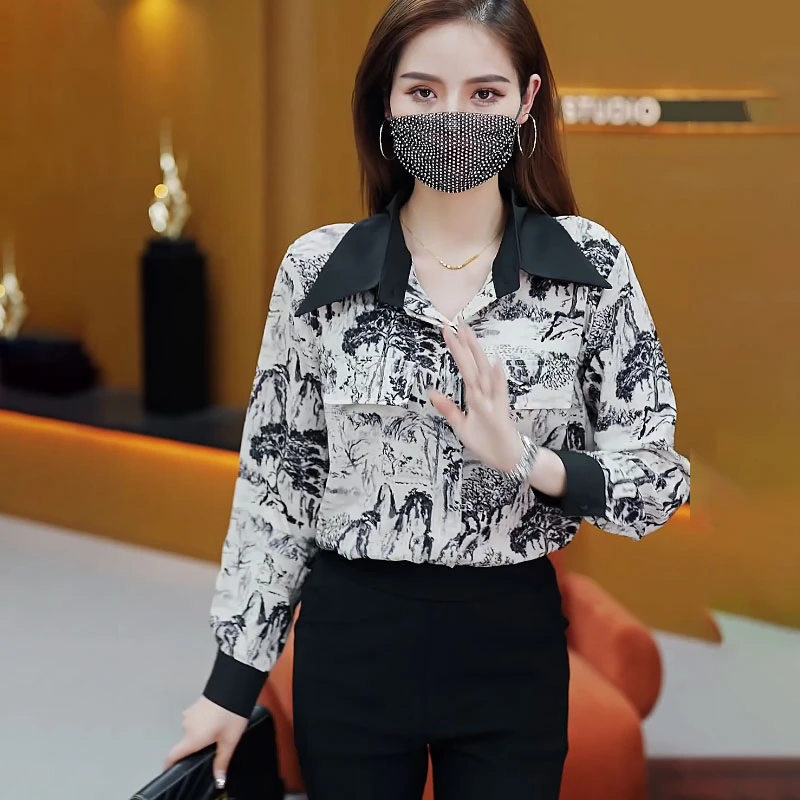 9357春秋新款高端法式长袖雪纺碎花衬衫女气质时尚减龄设计感衬衣