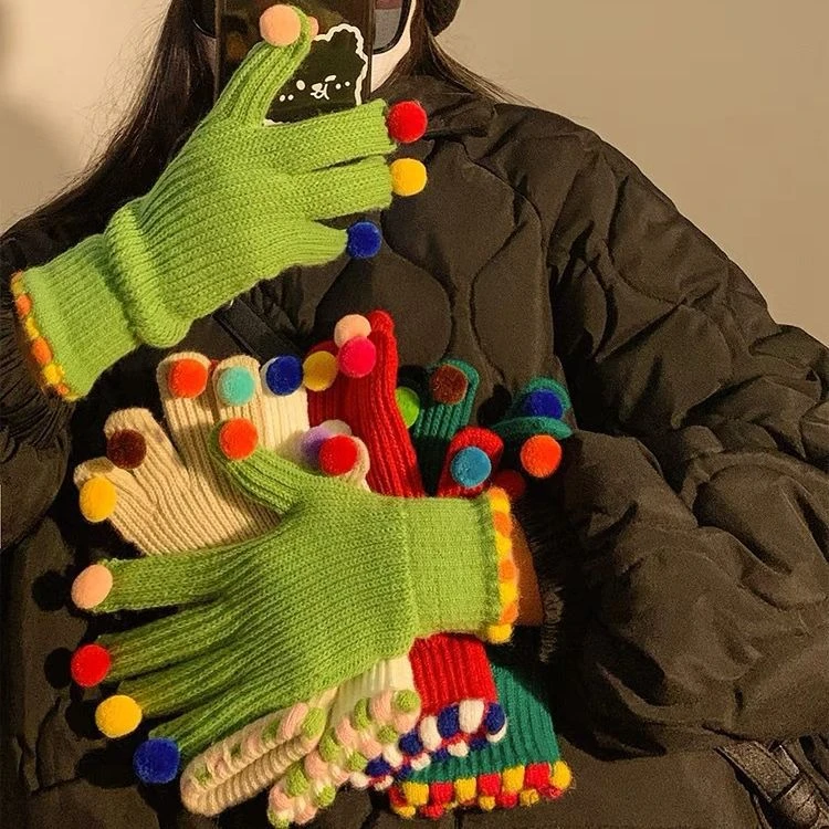 可爱ins小糖豆露指毛线针织五指手套冬季女触屏骑行加厚情侣保暖