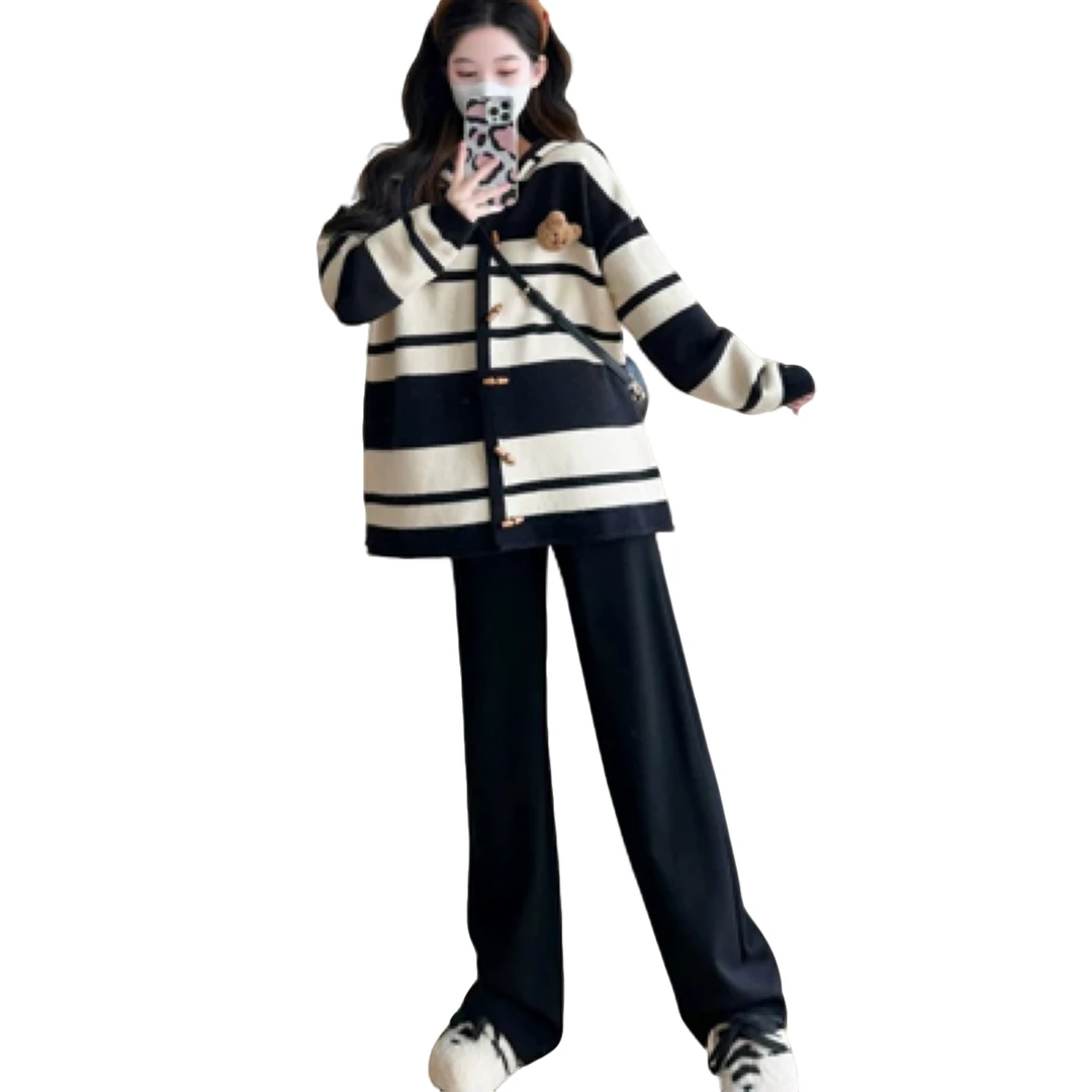 大码宽松显瘦加绒条纹开衫秋季韩版百搭时尚