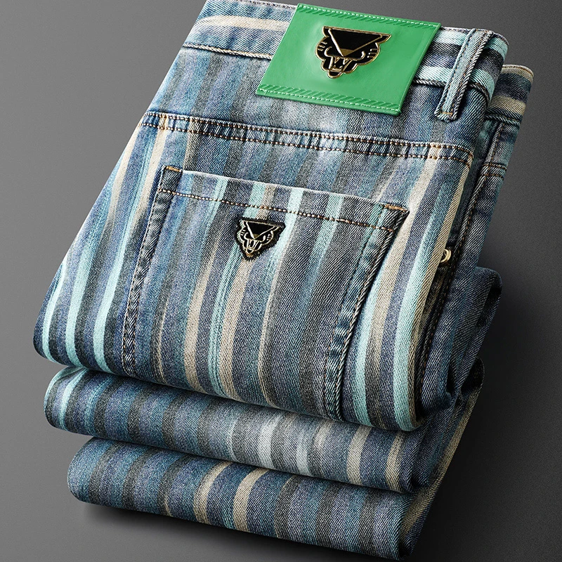 轻奢时尚经典蓝色竖条纹牛仔裤男秋季新款柔软舒适男士中腰裤子潮